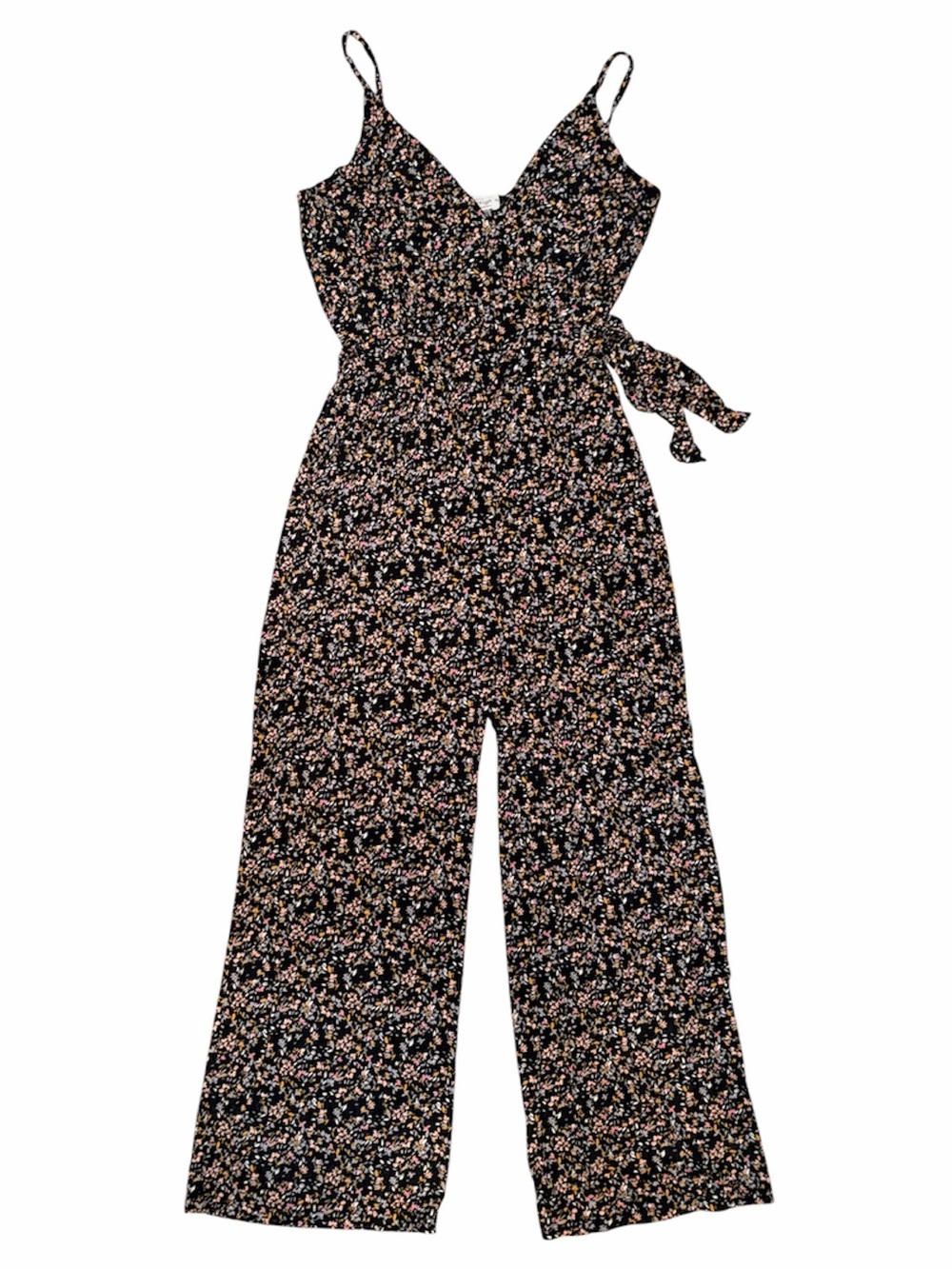 Kaileigh XL Black Ditsy Floral Wide Leg Jumpsuit Tie Waist Pockets Boho Cottagec